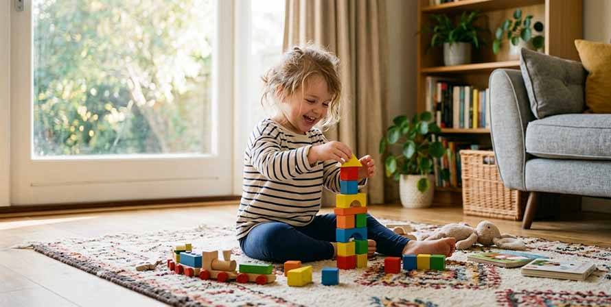 Дете, играещо на изпран килим
