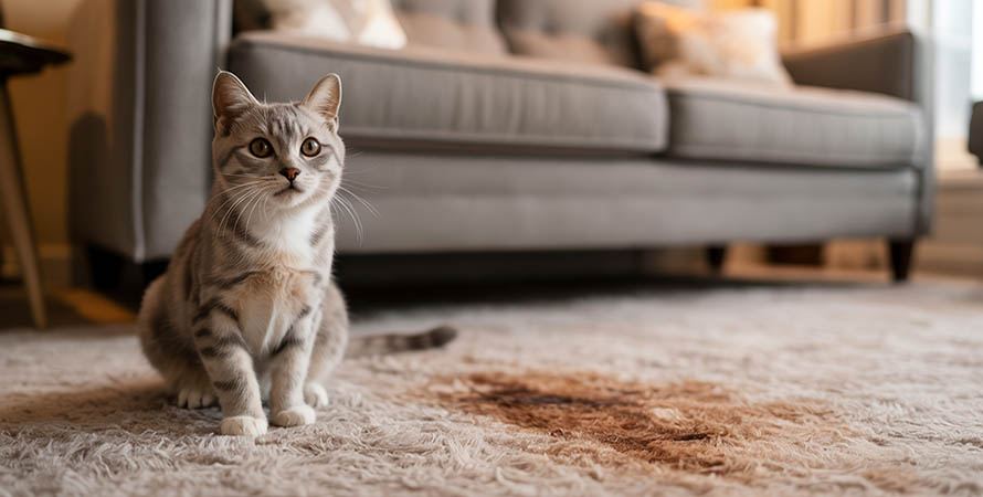 Котка върху изцапан килим